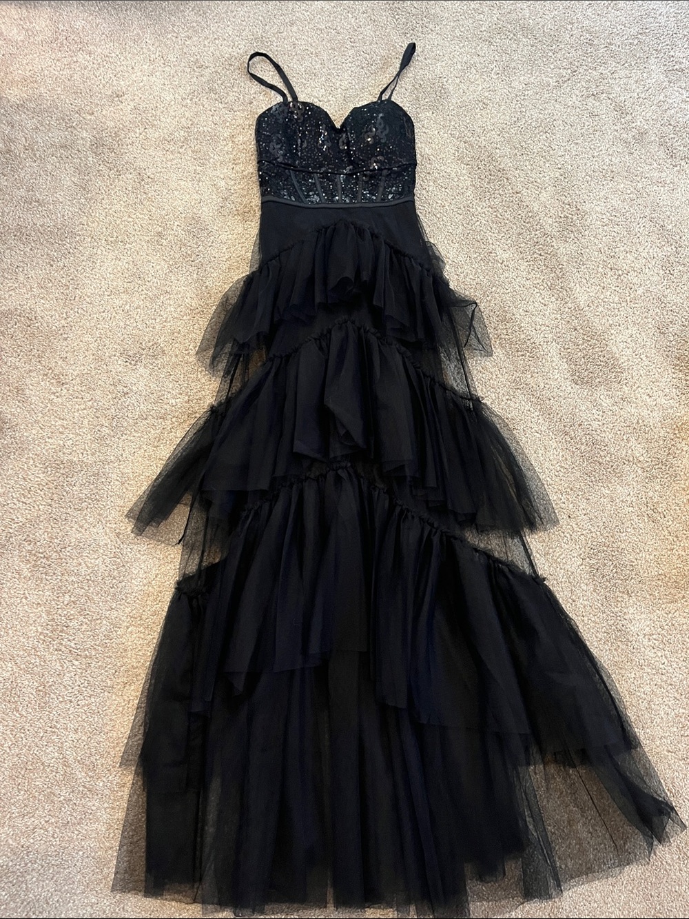 le chateau Black Tiered Tulle Prom Gown with Sequined Bodice